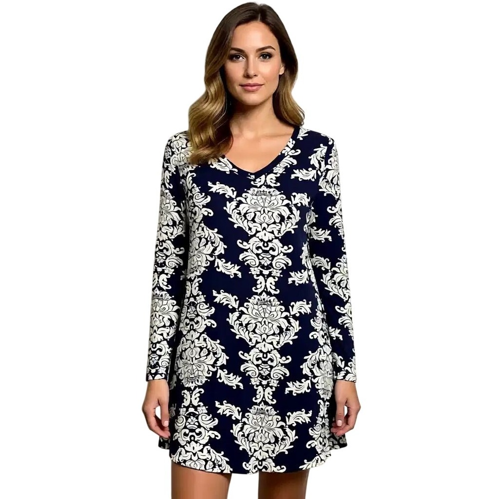 POPANA Navy Blue Damask Print Long Sleeve V Neck Tunic Dress‎ Size L Made in USA